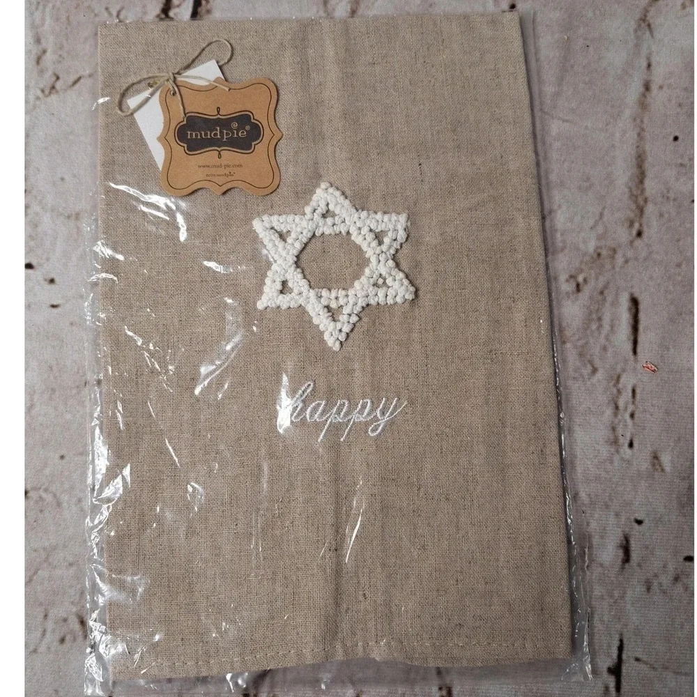 Mud Pie Hebrew Star of David Happy Linen Hand Towel Tan Hanukkah‎ Jewish Decor